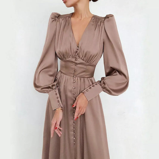 Solid Silk Buttoned Tea Dress Women Long Sleeve Dress